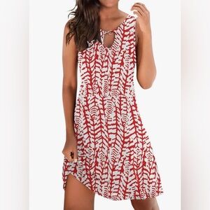 Women’s Sleeveless Red & White Patterned Mini Dress Keyhole Neckline Ring Size M